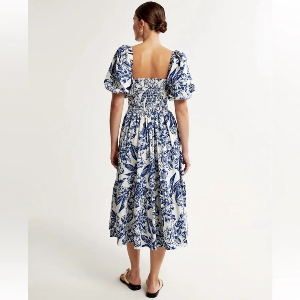 Abercrombie & Fitch Emerson Poplin Puff Sleeve Midi Dress in Blue Floral M - Picture 2 of 10